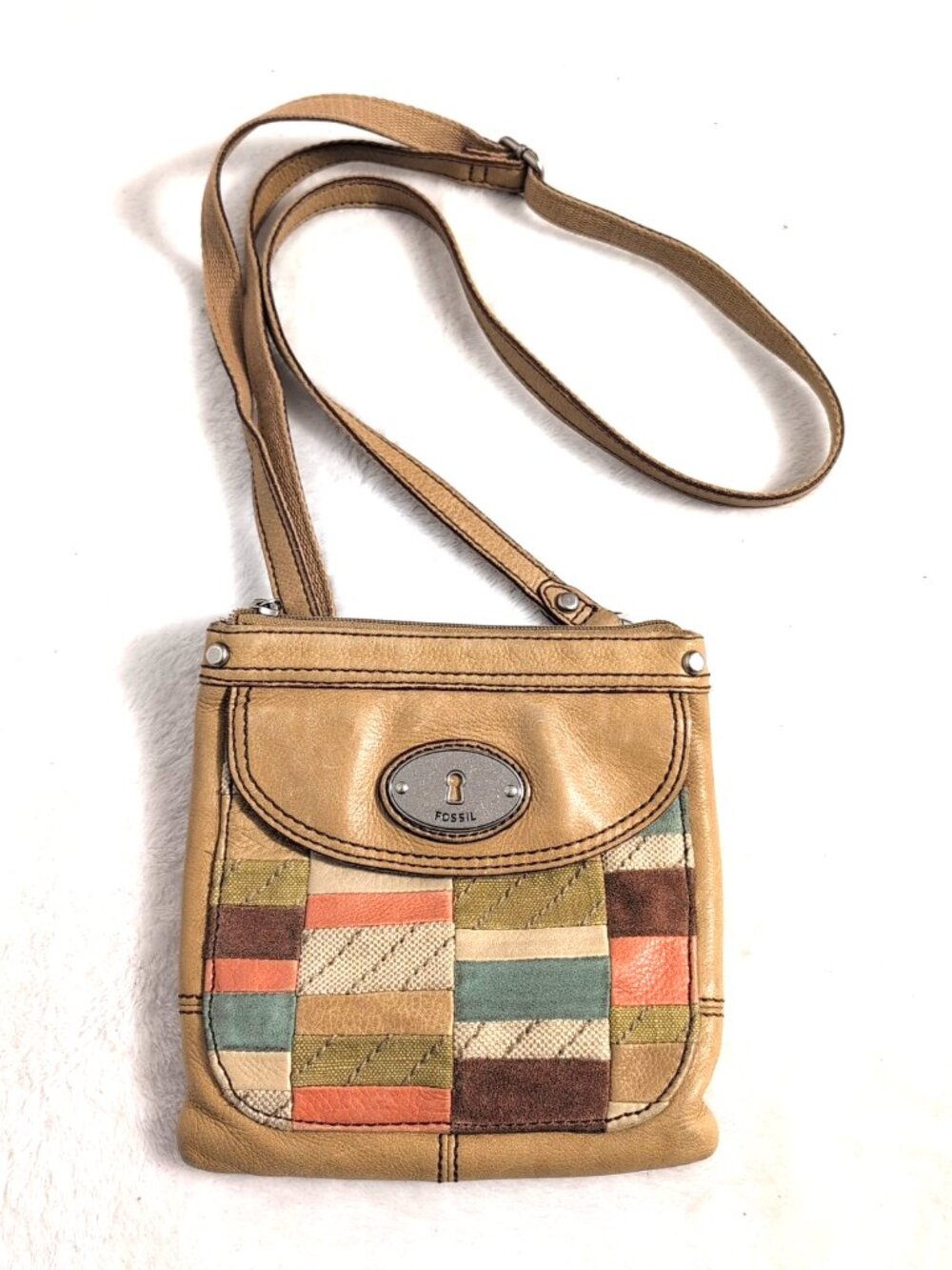Fossil Ladies Small Tan Leather Bag Purse Patchwork Color Full Zip 7.5" Sq. VGC